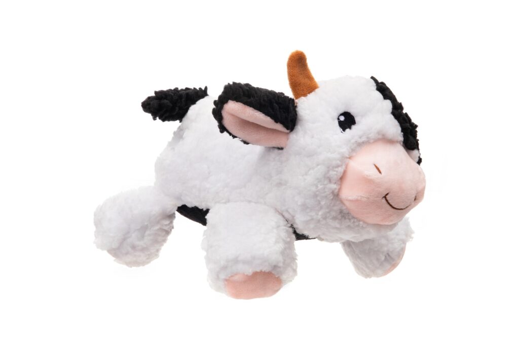 Coco the Cow: A cute cow with classic black and white markings, perfect for cuddling but also strong and resilient for active play.