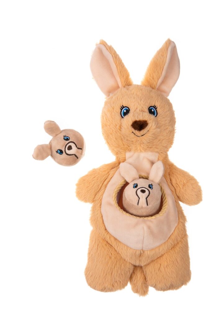 Kanga & Joey: A cute and friendly kangaroo with two baby Joeys hidden inside its pouch.