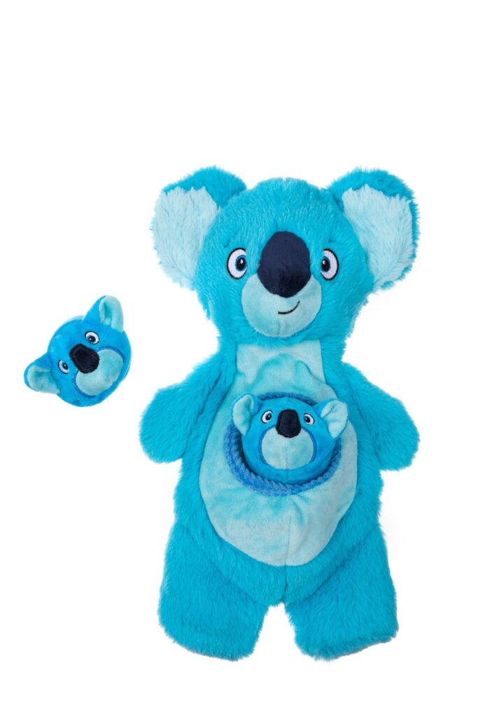 Kozy Koala & Joey: A delightful blue koala with two baby Joeys hidden inside its belly.
