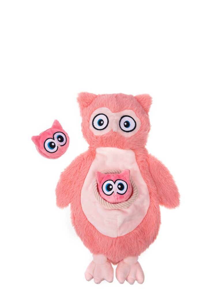 Hoot and Hoolet: A playful pink owl with two baby Hoolets tucked inside its belly.